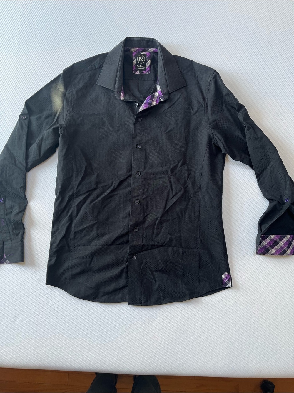 Men's Black Dress Shirt with Purple Plaid Trim